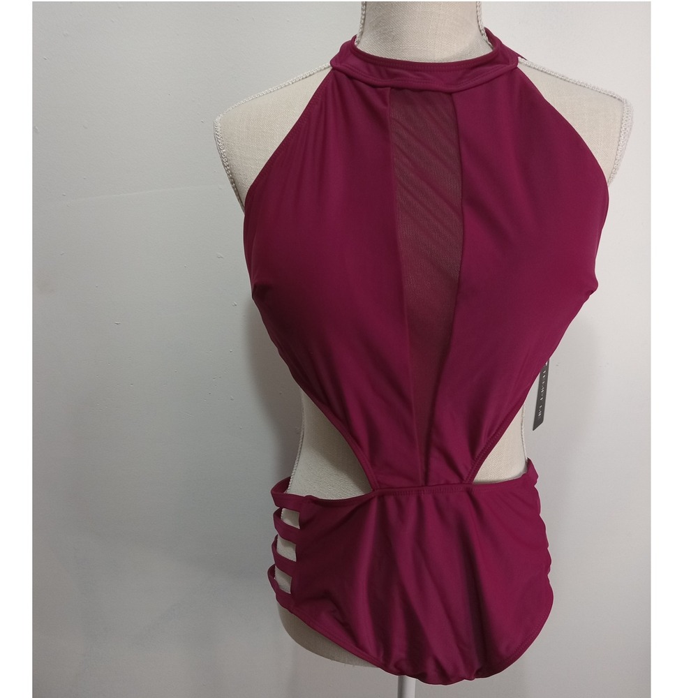 Burgundy Size XL Halter One Piece Swimsuit Cutout Monokini Sexy High Neck